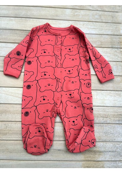 Ayıcıklı Bebek Tulum Çıtçıtlı %100PAMUK 9 Ay-Kırmızı