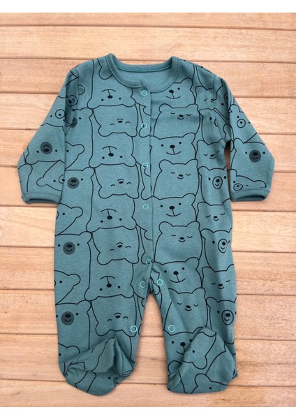 Ayıcıklı Bebek Tulum Çıtçıtlı %100PAMUK 9 Ay-Yeşil