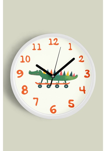 Kaykay Yapan Sevimli Timsah Çocuk Odası Modern Duvar Saati - 30CM - Önü Camlı Beyaz Kasa