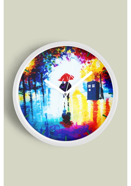 Yağlı Boya Görünümlü Aşk Sokağı Modern Tasarım Duvar Saati - 30CM - Önü Camlı Beyaz Kasa