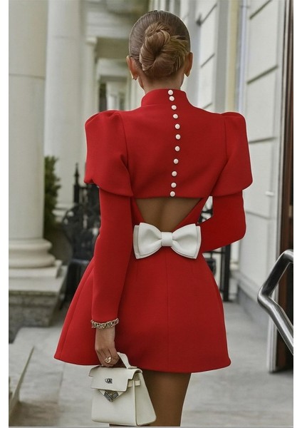 Kadın Uzun Kollu Yarı Balıkçı Yaka Arkadan Kurdela Detaylı Mini Atlas Elbise modelleri