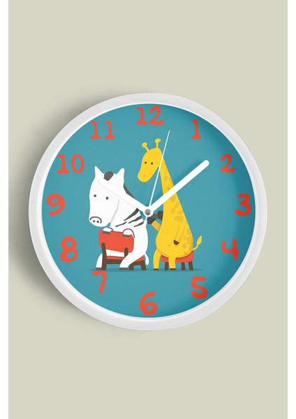 Zebra - Zürafa Çocuk Odası Modern Duvar Saati - 30CM - Önü Camlı Beyaz Kasa - Sessiz Mekanizma