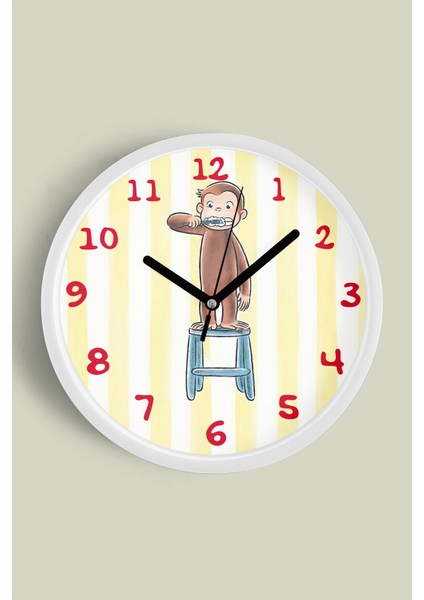 Diş Fırçalayan Sevimli Maymun Çocuk Odası Duvar Saati - 30CM - Önü Camlı Beyaz Kasa