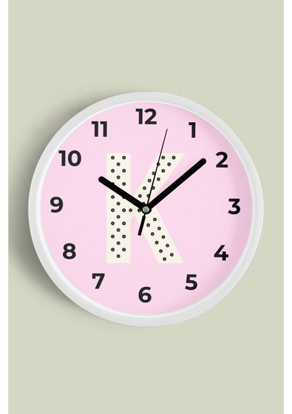 K Harfi Kız Odası Duvar Saati - 30CM - Önü Camlı Beyaz Kasa - Sessiz Mekanizma
