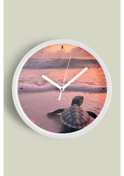 Deniz Kaplumbağası Deniz Manzaralı Modern Duvar Saati - 30CM - Önü Camlı Beyaz Kasa