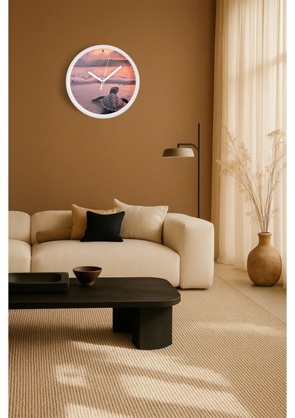 Deniz Kaplumbağası Deniz Manzaralı Modern Duvar Saati - 30CM - Önü Camlı Beyaz Kasa fiyatları