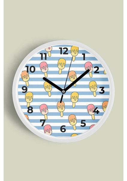 Renkli Dondurmalar Çocuk Odası Duvar Saati - 30CM - Önü Camlı Beyaz Kasa - Sessiz Mekanizma