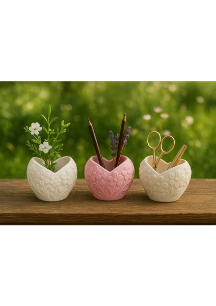 3'lü El Yapımı Dekoratif Saksı Handmade Taş Tozu Kalpli Tasarım Mumluk Kalemlik Sukulent Obje 8cm fiyatları
