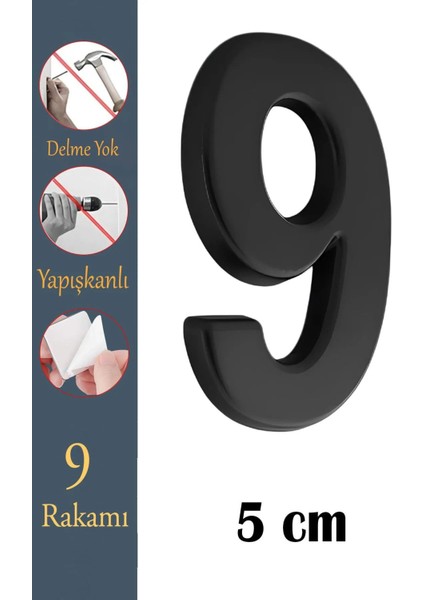 Kapı Numarası Yapışkanlı Küçük Boy 50 mm 5 cm Numara 9 Rakam Dokuz Sayı Siyah Renk Numaralar 1 Adet
