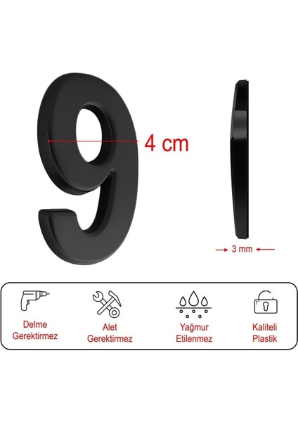 Kapı Numarası Yapışkanlı Küçük Boy 50 mm 5 cm Numara 9 Rakam Dokuz Sayı Siyah Renk Numaralar 1 Adet modelleri