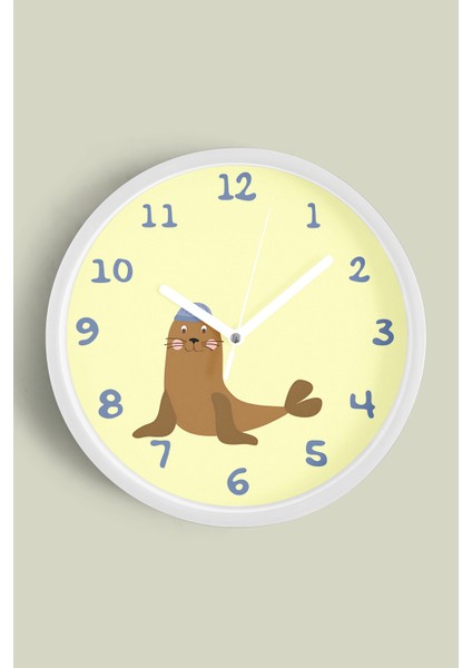 Sevimli Fok Balığı Çocuk Odası Duvar Saati - 30CM - Önü Camlı Beyaz Kasa - Sessiz Mekanizma