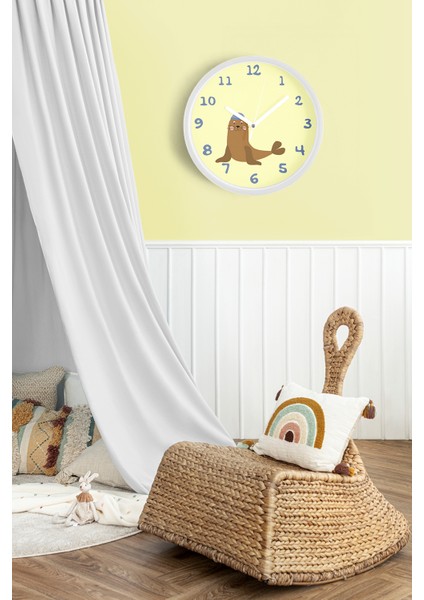 Sevimli Fok Balığı Çocuk Odası Duvar Saati - 30CM - Önü Camlı Beyaz Kasa - Sessiz Mekanizma fiyatları