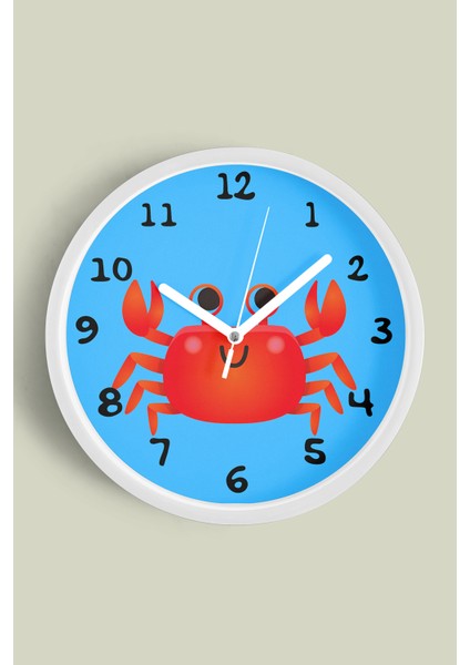 Sevimli Yengeç Çizimli Çocuk Odası Duvar Saati - 30CM - Önü Camlı Beyaz Kasa - Sessiz Mekanizma