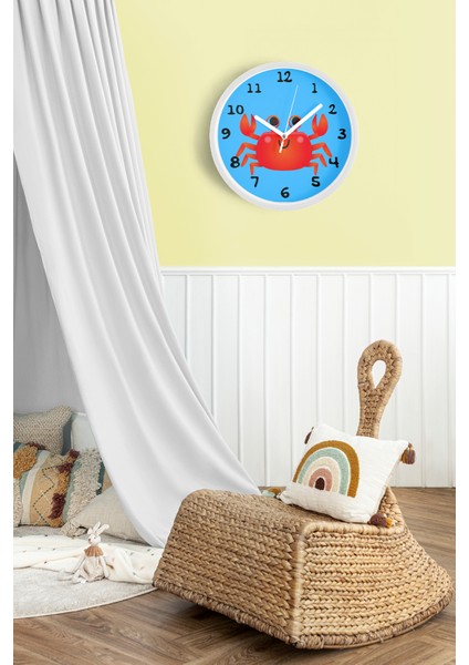 Sevimli Yengeç Çizimli Çocuk Odası Duvar Saati - 30CM - Önü Camlı Beyaz Kasa - Sessiz Mekanizma fiyatları
