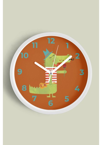 Sevimli Timsah Çocuk Odası Duvar Saati - 30CM - Önü Camlı Beyaz Kasa - Sessiz Mekanizma