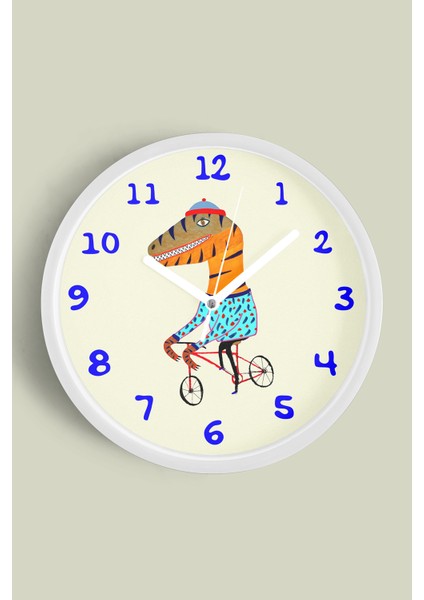 Bisiklet Süren Dinozor Çocuk Odası Duvar Saati - 30CM - Önü Camlı Beyaz Kasa - Sessiz Mekanizma