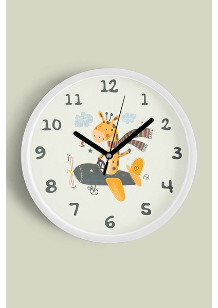 Helikopter Süren Zürafa Çocuk Odası Duvar Saati - 30CM - Önü Camlı Beyaz Kasa - Sessiz Mekanizma