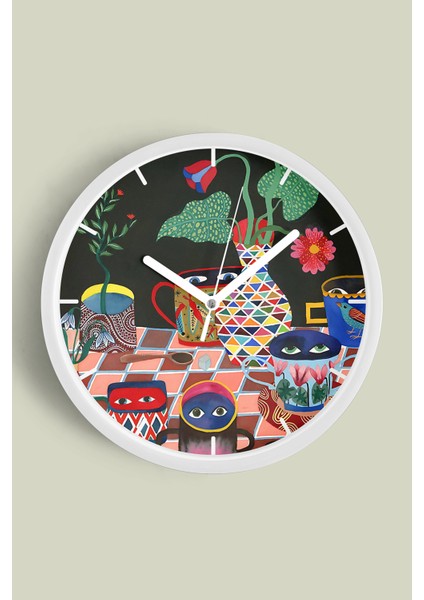 Soyut Renkli Mutfak Tasarım Modern Duvar Saati - 30CM - Önü Camlı Beyaz Kasa - Sessiz Mekanizma