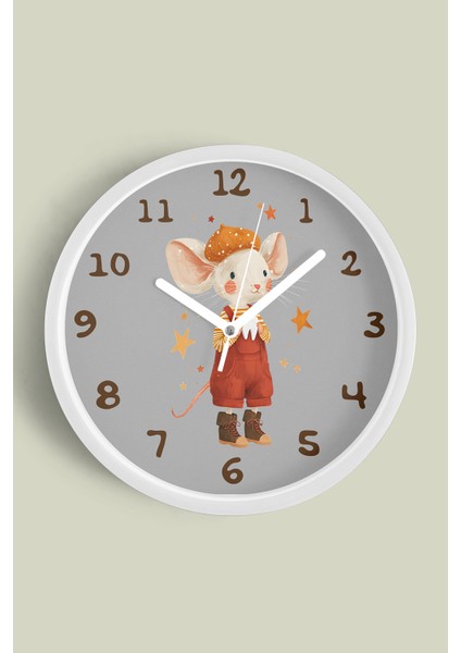 Sevimli Fare Çizimli Çocuk Odası Duvar Saati - 30CM - Önü Camlı Beyaz Kasa - Sessiz Mekanizma