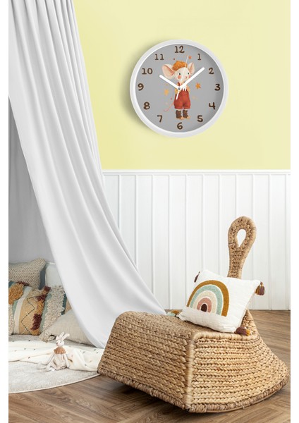 Sevimli Fare Çizimli Çocuk Odası Duvar Saati - 30CM - Önü Camlı Beyaz Kasa - Sessiz Mekanizma fiyatları
