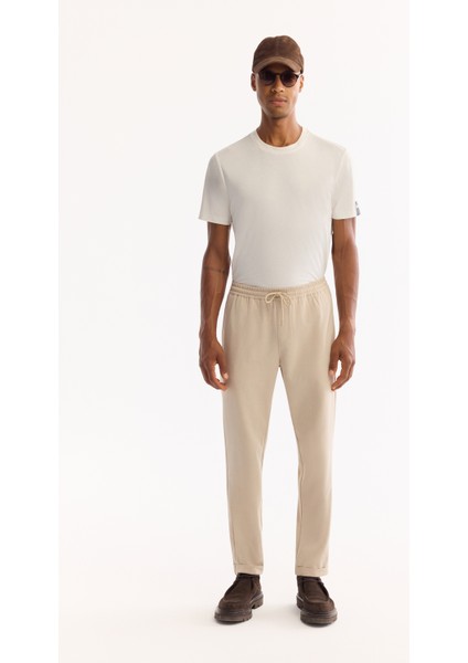 Erkek Bej Beli Lastikli Bağcıklı Duble Paça Jogger Relaxed Fit Pantolon E003000