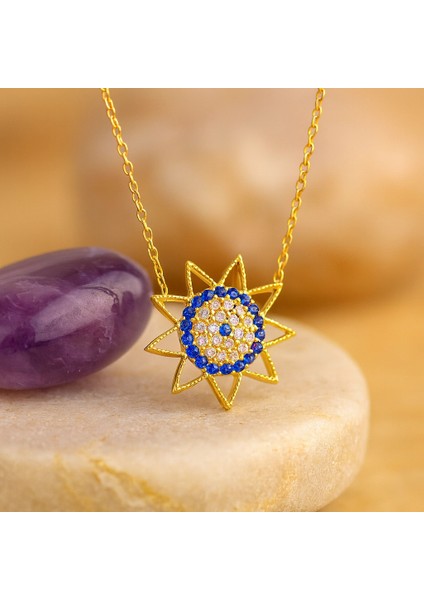 14K Altın Safir Taşlı Güneş Kolye, Minimal Güneş Patlaması Kolye