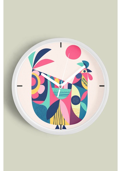 Renkli Horoz Desenli Modern Duvar Saati - 30CM - Önü Camlı Beyaz Kasa - Sessiz Mekanizma