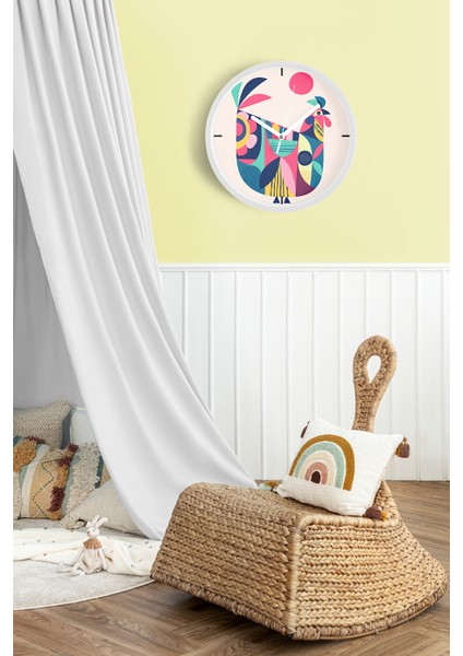 Renkli Horoz Desenli Modern Duvar Saati - 30CM - Önü Camlı Beyaz Kasa - Sessiz Mekanizma fiyatları