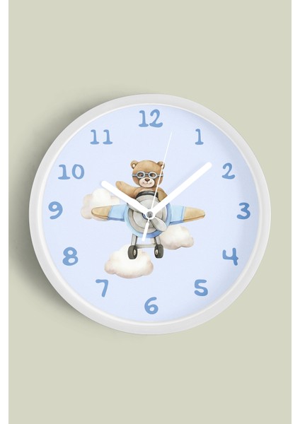 Helikopter Süren Ayı Çocuk Odası Duvar Saati - 30CM - Önü Camlı Beyaz Kasa - Sessiz Mekanizma