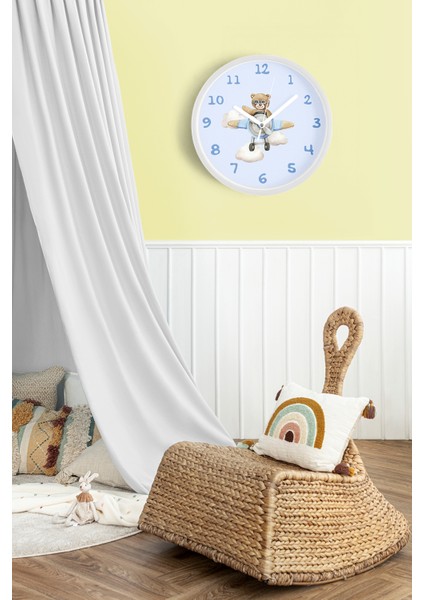 Helikopter Süren Ayı Çocuk Odası Duvar Saati - 30CM - Önü Camlı Beyaz Kasa - Sessiz Mekanizma fiyatları