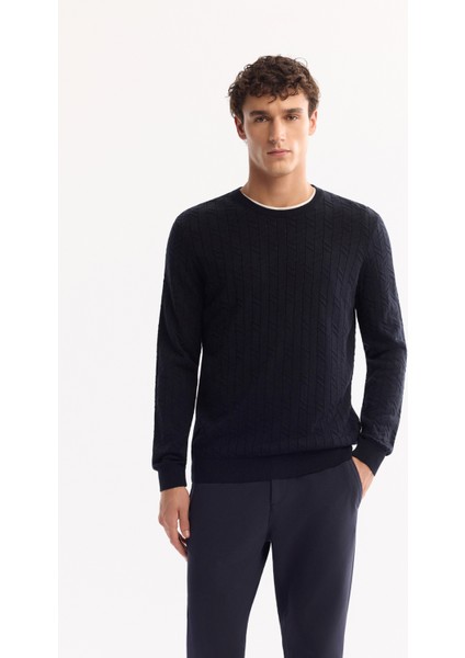 Erkek Lacivert Bisiklet Yaka %100 Akrilik Dokulu Triko Regular Fit Kazak E005088