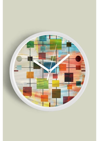 Soyut - Geometrik Temalı Modern Duvar Saati - 30CM - Önü Camlı Beyaz Kasa - Sessiz Mekanizma