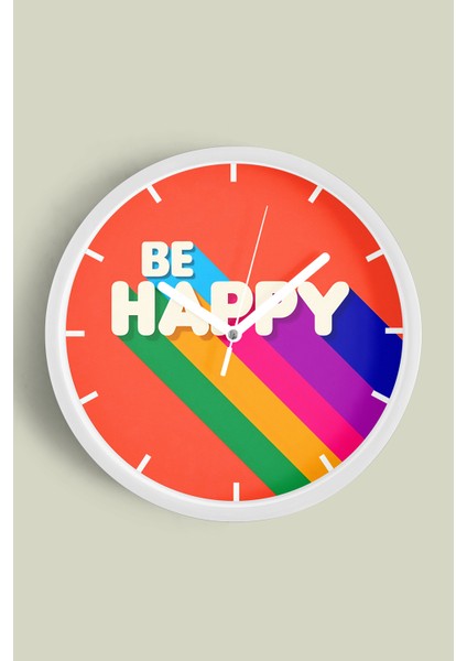 Modern Yazılı Tasarım - Be Happy Duvar Saati - 30CM - Önü Camlı Beyaz Kasa - Sessiz Mekanizma