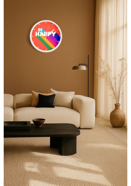 Modern Yazılı Tasarım - Be Happy Duvar Saati - 30CM - Önü Camlı Beyaz Kasa - Sessiz Mekanizma fiyatları