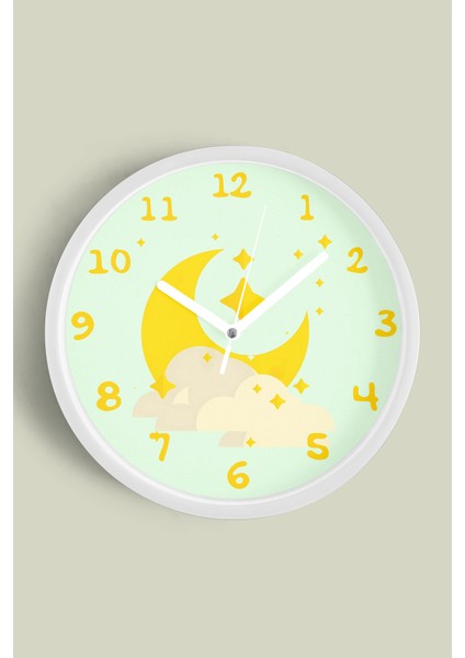 Soyut Ay Tasarımı Çocuk Odası Duvar Saati - 30CM - Önü Camlı Beyaz Kasa - Sessiz Mekanizma