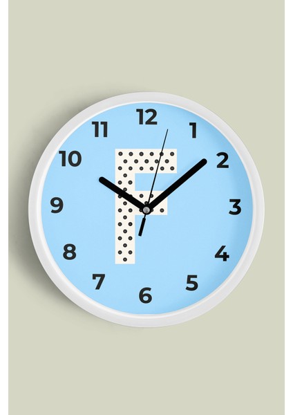 F Harfi Erkek Odası Duvar Saati - 30CM - Önü Camlı Beyaz Kasa - Sessiz Mekanizma