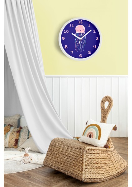 Sevimli Denizanası Çizimli Çocuk Odası Duvar Saati - 30CM - Önü Camlı Beyaz Kasa - Sessiz Mekanizma fiyatları