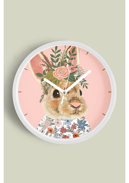 Sevimli Tavşan Modern Duvar Saati - Salon - Genç Odası - Çocuk Odası - 30CM - Önü Camlı Beyaz Kasa
