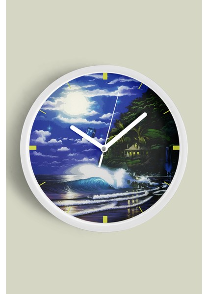 Gece Manzaralı Okyanus Dalgaları Modern Duvar Saati - 30CM - Önü Camlı Beyaz Kasa - Sessiz Mekanizma