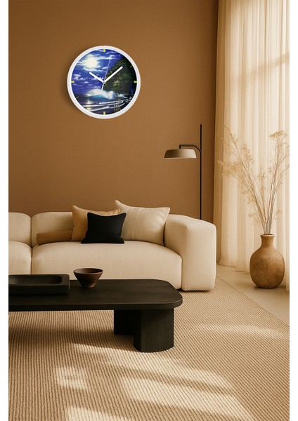Gece Manzaralı Okyanus Dalgaları Modern Duvar Saati - 30CM - Önü Camlı Beyaz Kasa - Sessiz Mekanizma fiyatları