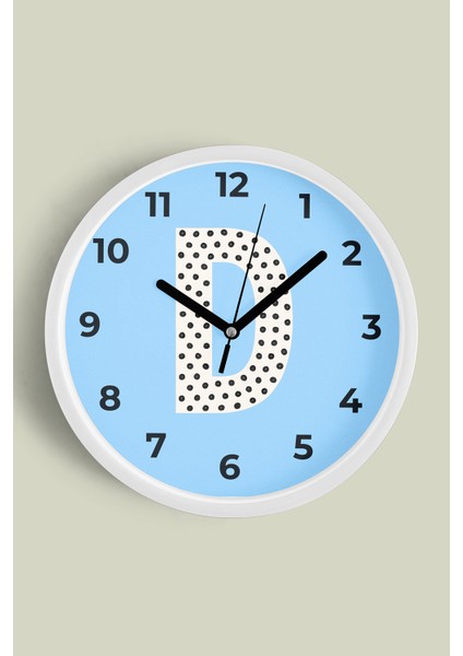 D Harfi Erkek Odası Duvar Saati - 30CM - Önü Camlı Beyaz Kasa - Sessiz Mekanizma