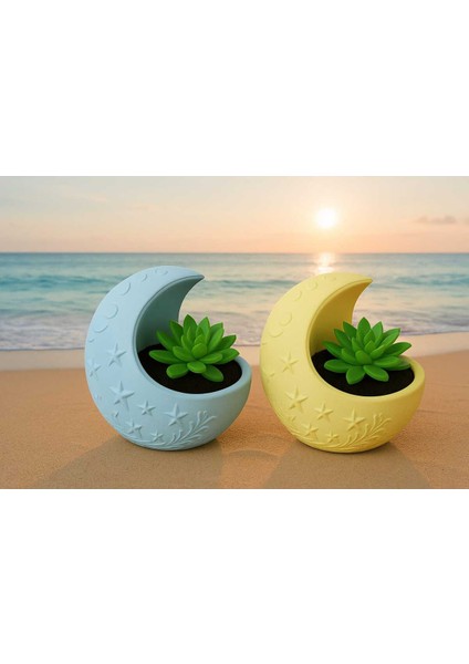 2'li El Yapımı Saksı Seti - Handmade Taş Tozu Dolunay Tasarımlı Sukulent Mumluk Dekoratif Biblo 8 cm