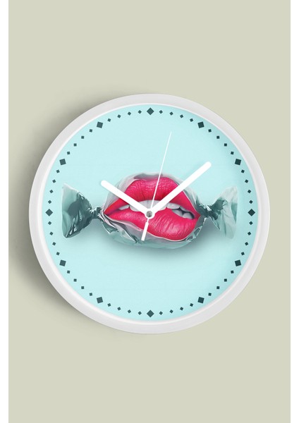 Şeker Dudak Modern Duvar Saati - 30CM - Önü Camlı Beyaz Kasa - Sessiz Mekanizma