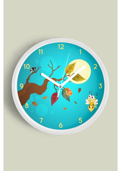 Sevimli Arı Çocuk Odası Duvar Saati - 30CM - Önü Camlı Beyaz Kasa - Sessiz Mekanizma