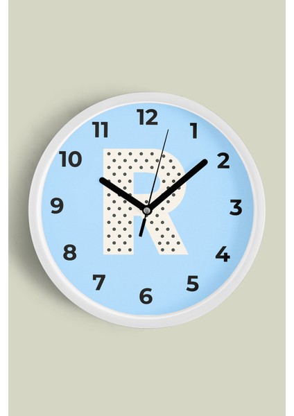 R Harfi Erkek Odası Duvar Saati - 30CM - Önü Camlı Beyaz Kasa - Sessiz Mekanizma