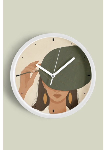 Sanatsal Kadın ve Yaprak Tasarımı Modern Duvar Saati - 30CM - Önü Camlı Beyaz Kasa