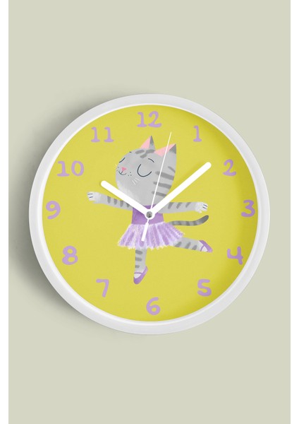 Sevimli Balerin Kedi Çocuk Odası Duvar Saati - 30CM - Önü Camlı Beyaz Kasa - Sessiz Mekanizma