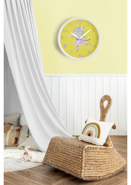 Sevimli Balerin Kedi Çocuk Odası Duvar Saati - 30CM - Önü Camlı Beyaz Kasa - Sessiz Mekanizma fiyatları