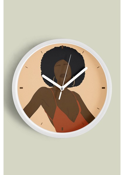 Afro Stil Kadın Minimalist Modern Duvar Saati - 30CM - Önü Camlı Beyaz Kasa - Sessiz Mekanizma