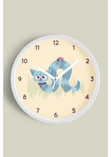 Sevimli Solucan Kedi Modern Çocuk Odası Duvar Saati - 30CM - Önü Camlı Beyaz Kasa - Sessiz Mekanizma